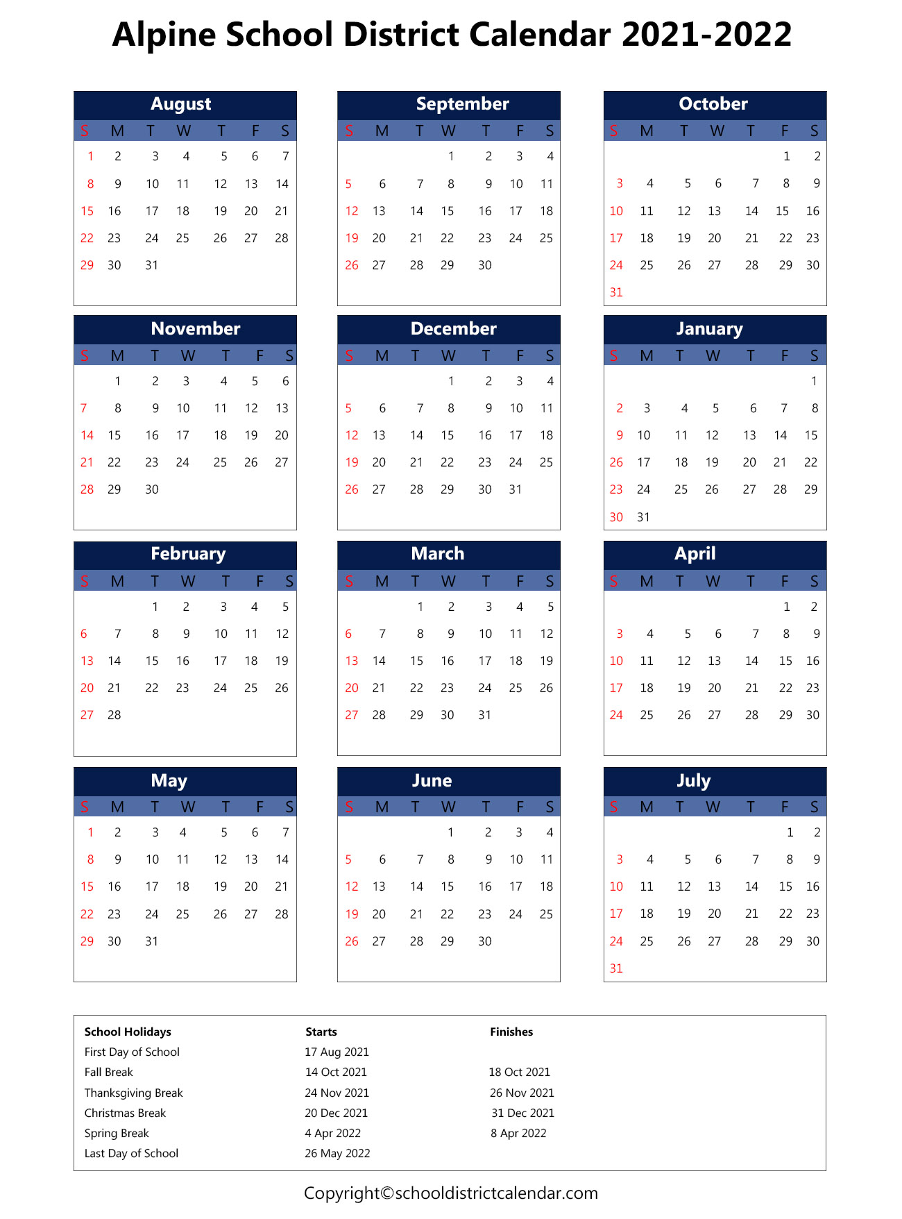 Alpine School District Holidays Archives | School District Calendar