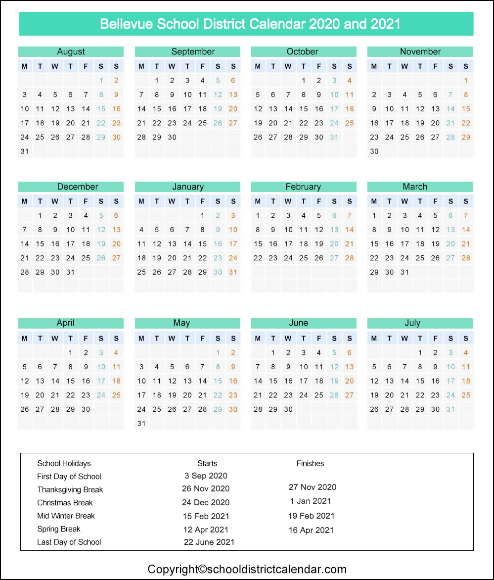 Bellevue School District Calendar Holidays 20202021