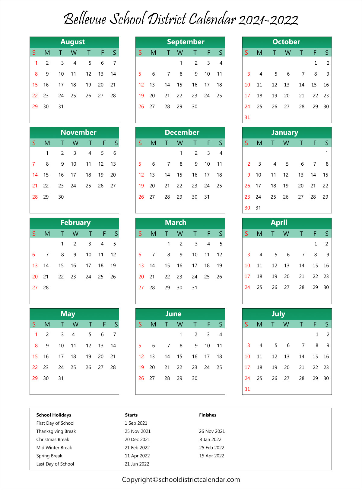Bellevue School District, Washington Calendar Holidays 2021