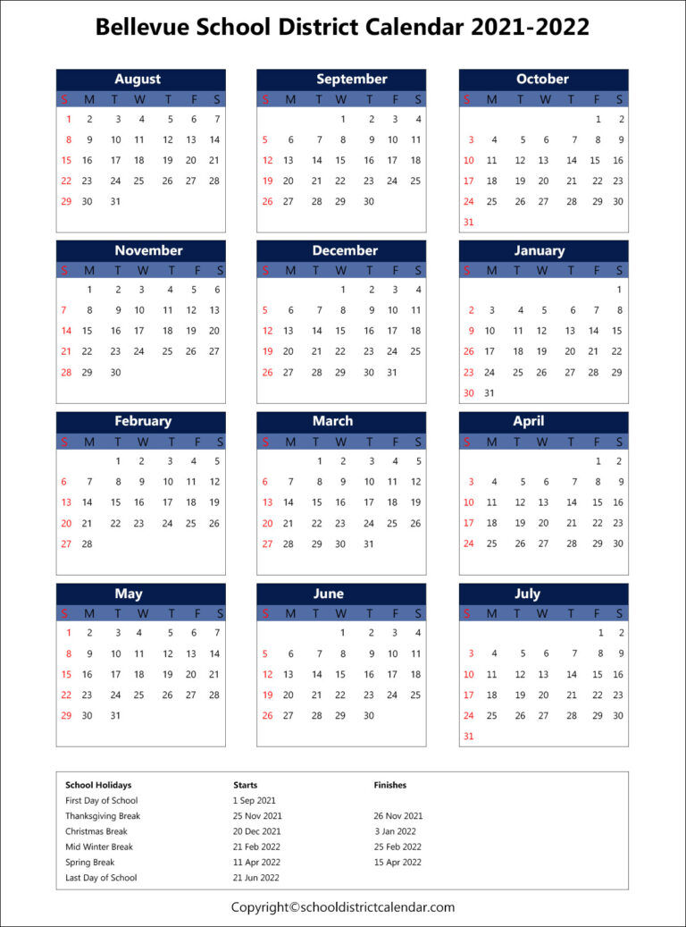 Bellevue School District Calendar Holidays 2021-2022