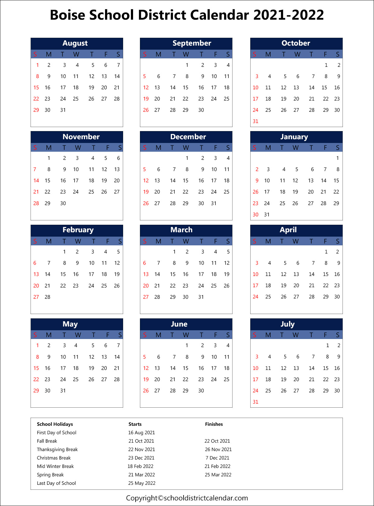 Boise School District Calendar Holidays 2021-2022