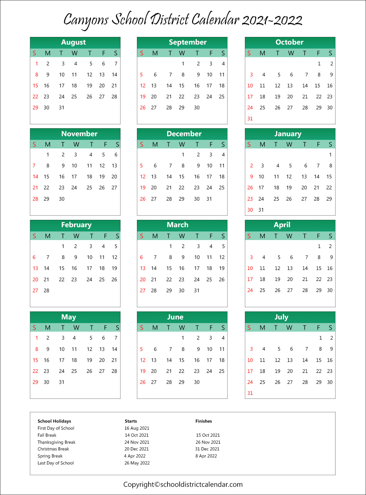 Canyons School District, Utah Calendar Holidays 2021