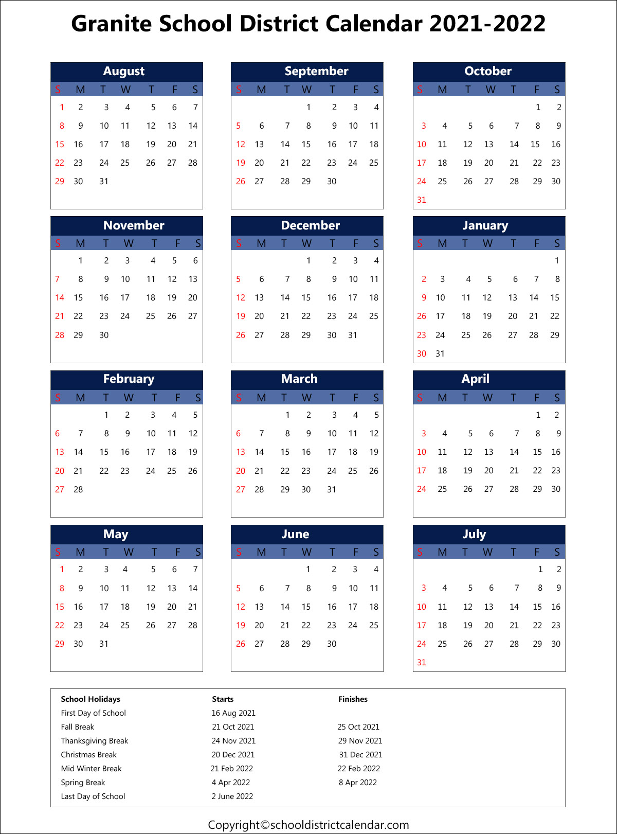 Granite School District Calendar Holidays 2021-2022