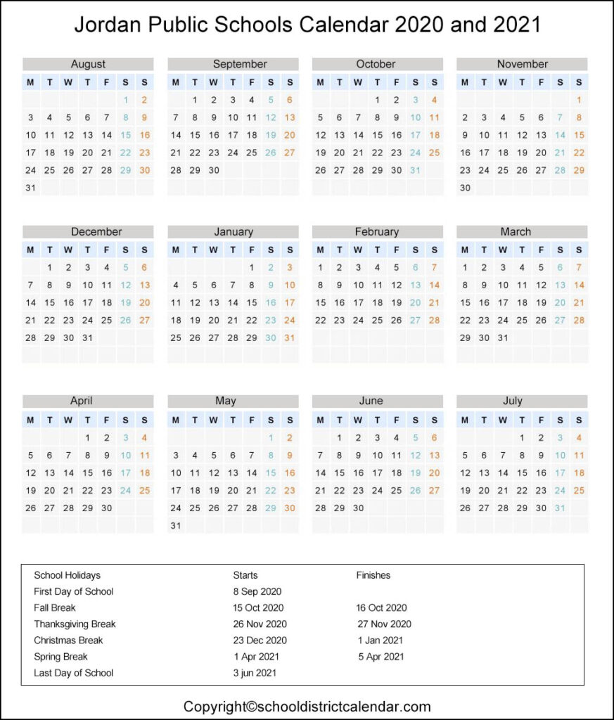 Jordan School District Calendar Holidays 20202021