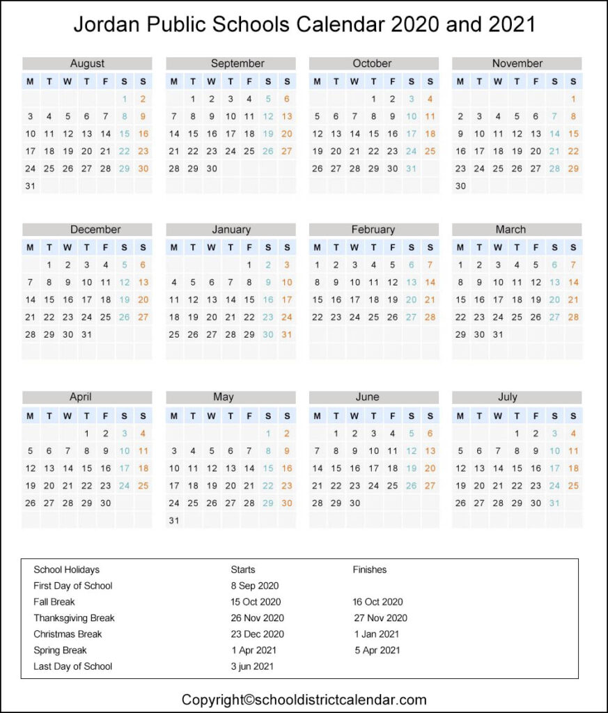 Jordan School District Calendar Holidays 2020 2021