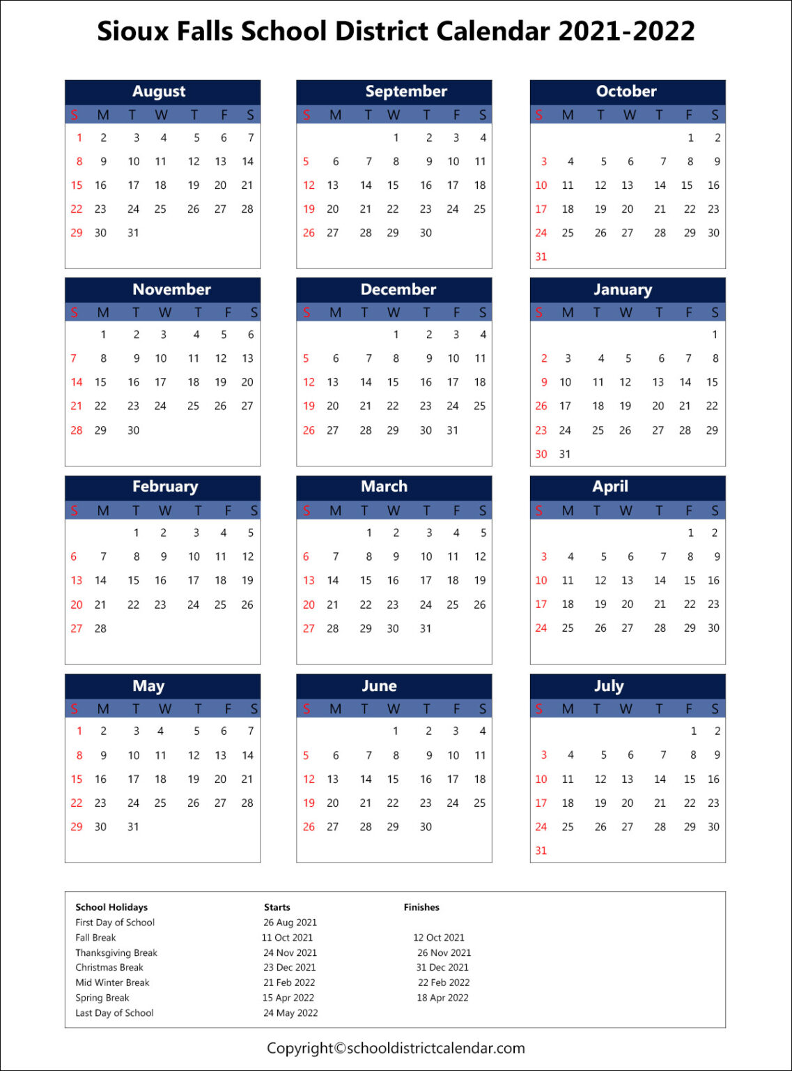 Sioux Falls School District Calendar Holidays 2021-2022