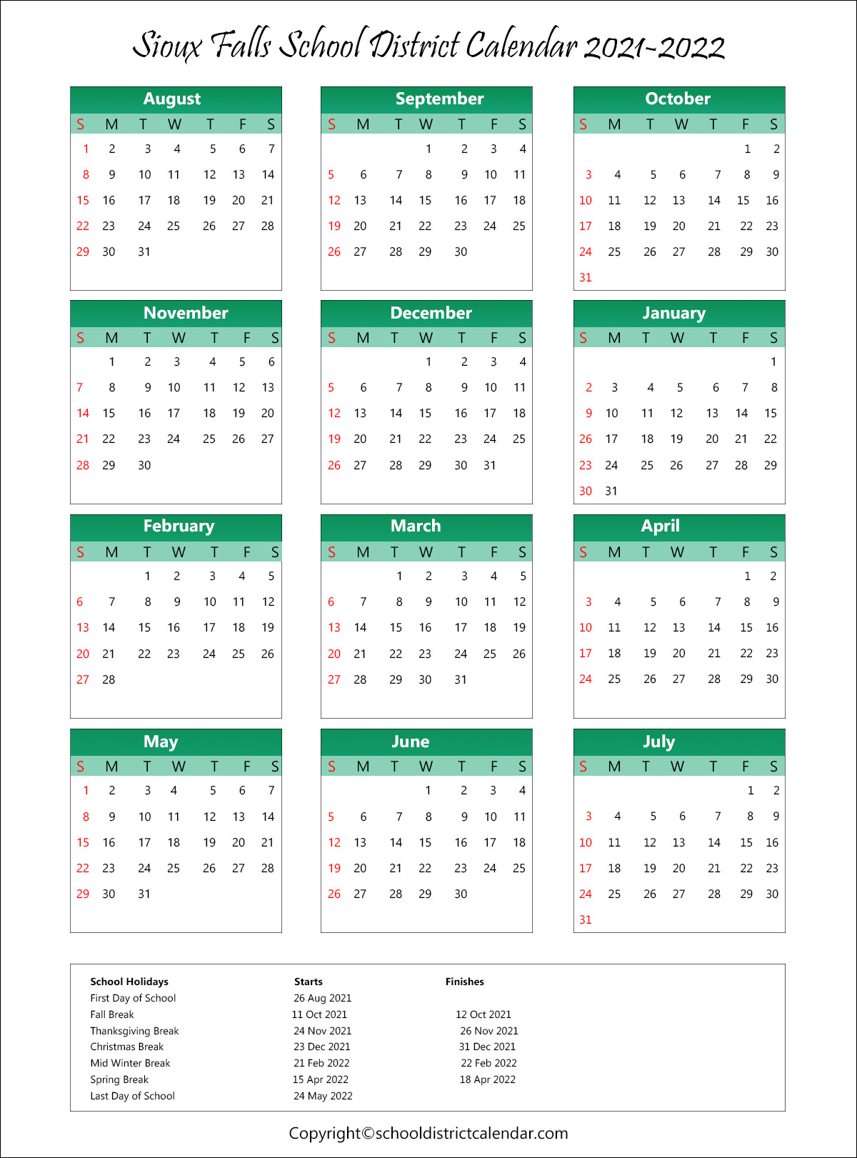 Sioux Falls School District, South Dakota Calendar Holidays 2021