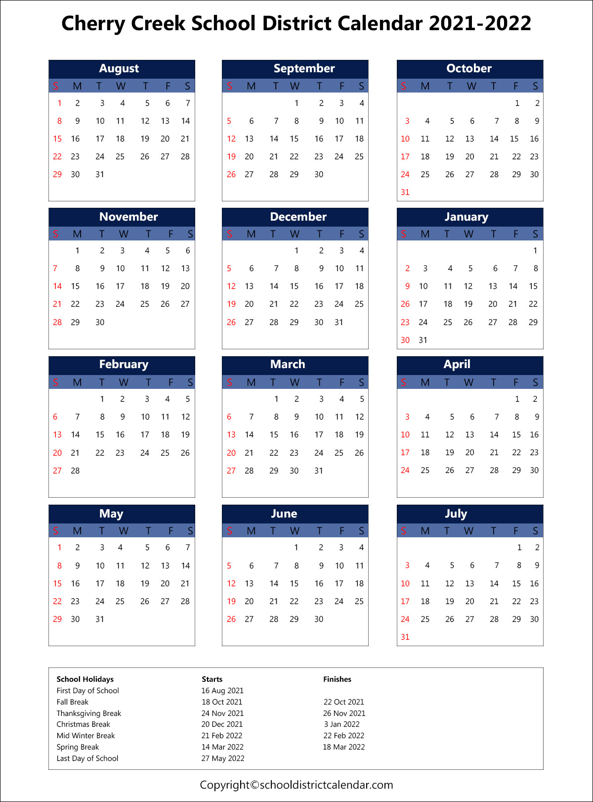 Cherry Creek School District Calendar 2021