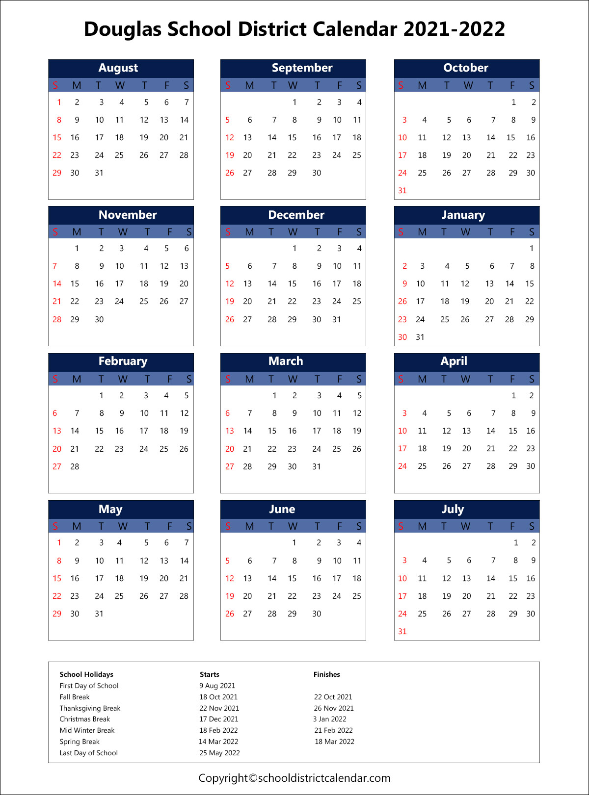 Douglas School District Calendar 2021