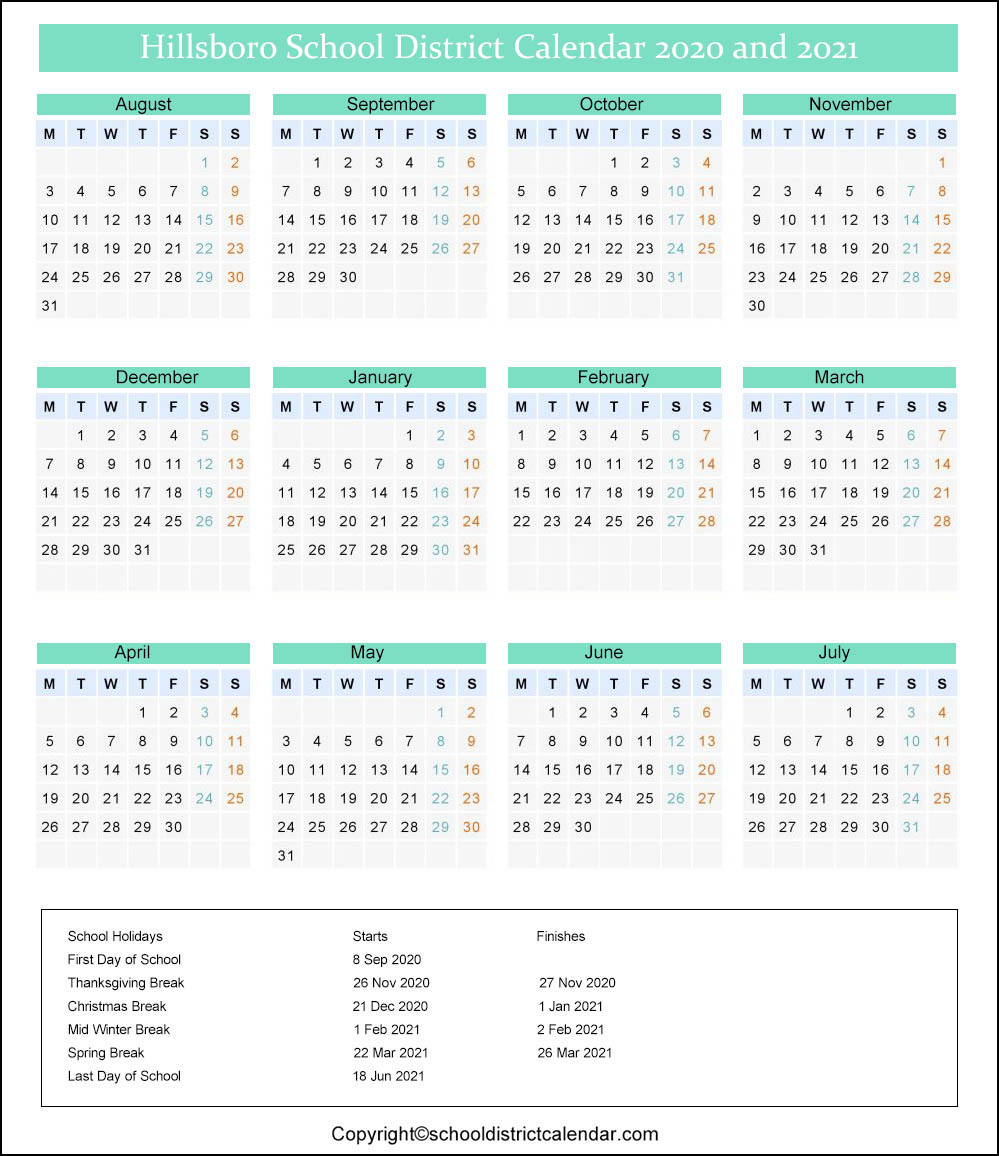 Hillsboro School District Calendar Holidays 2020-2021