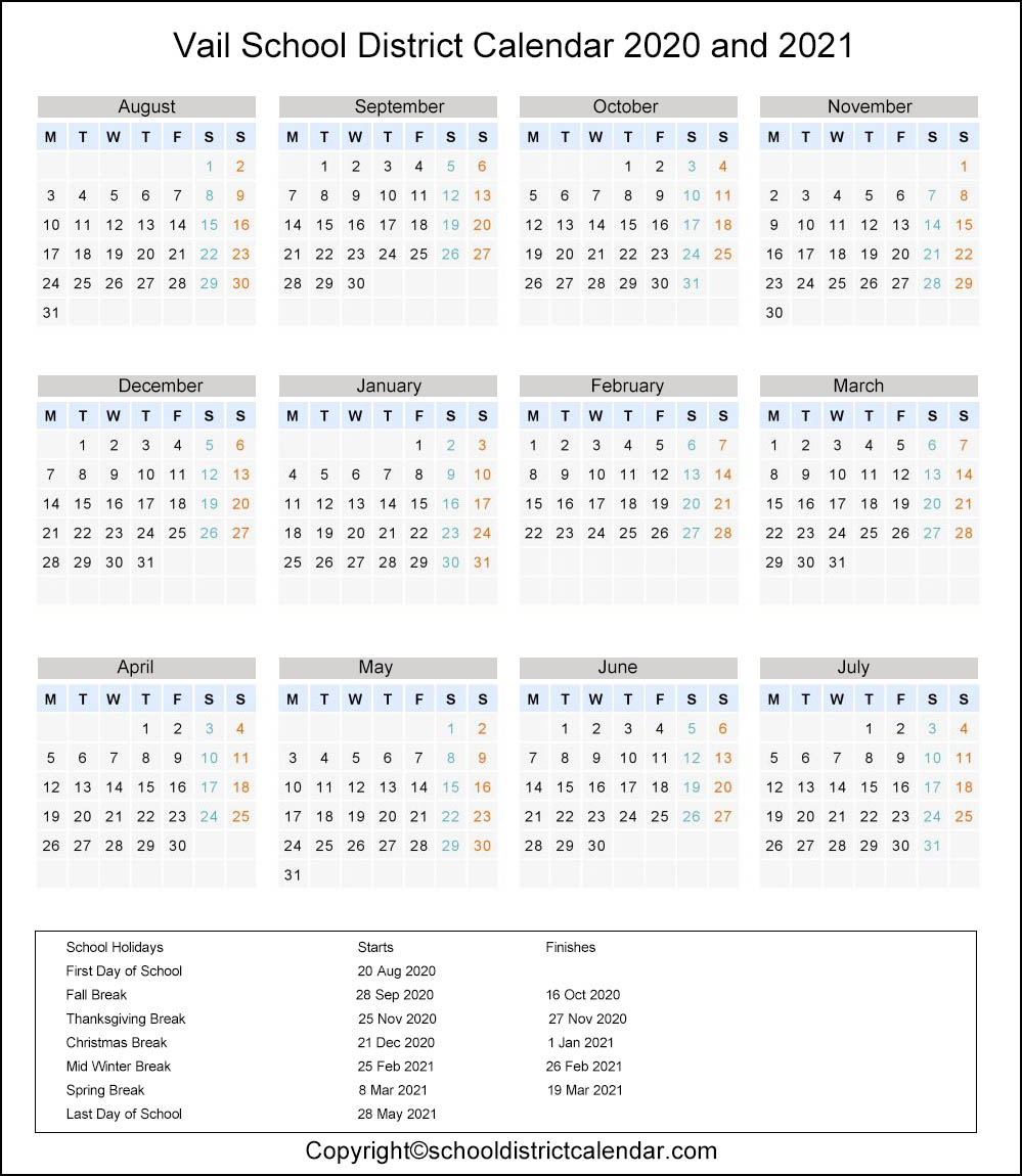 Vail School District Calendar Holidays 2020-2021