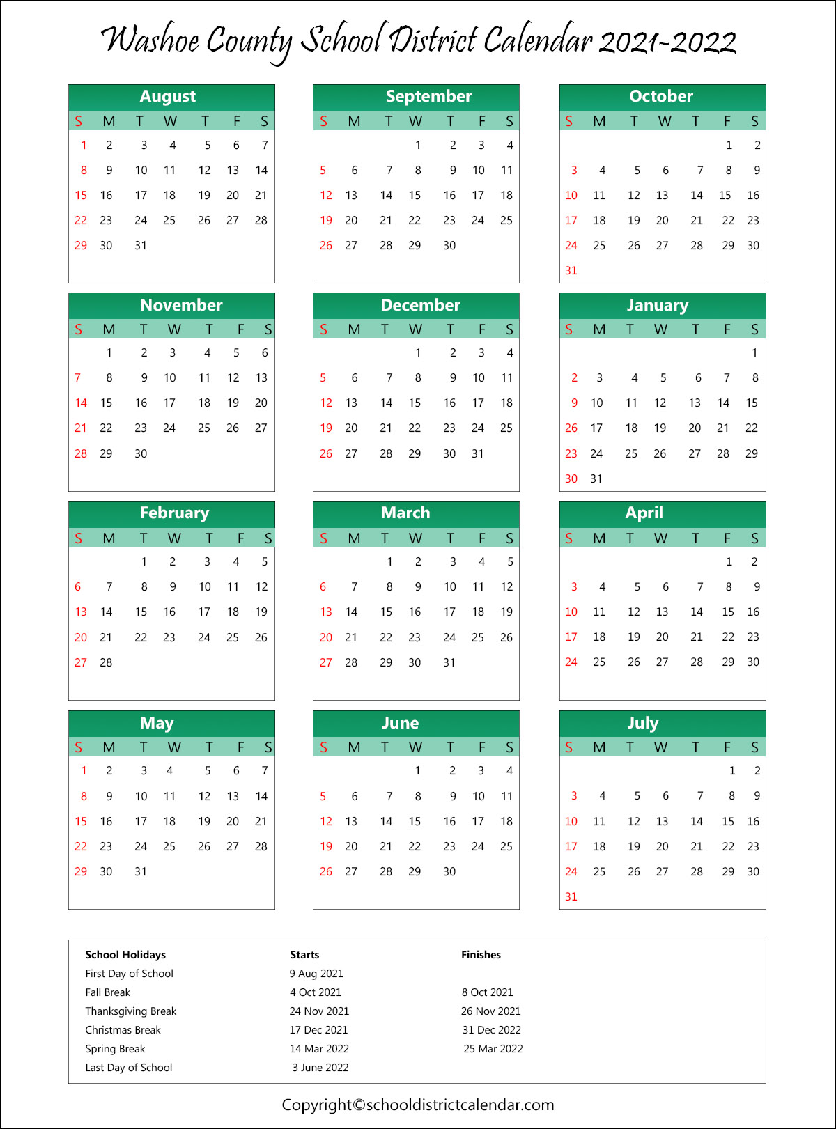 Washoe School District, Nevada Calendar Holidays 2021
