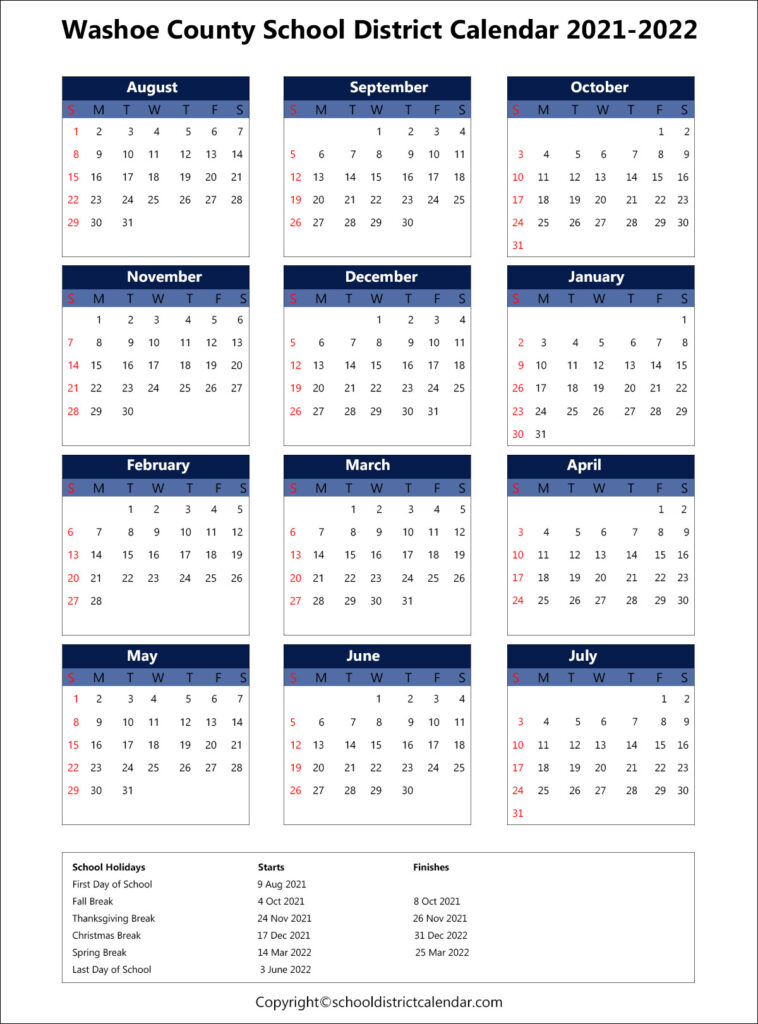 Washoe School District Calendar Holidays 20212022