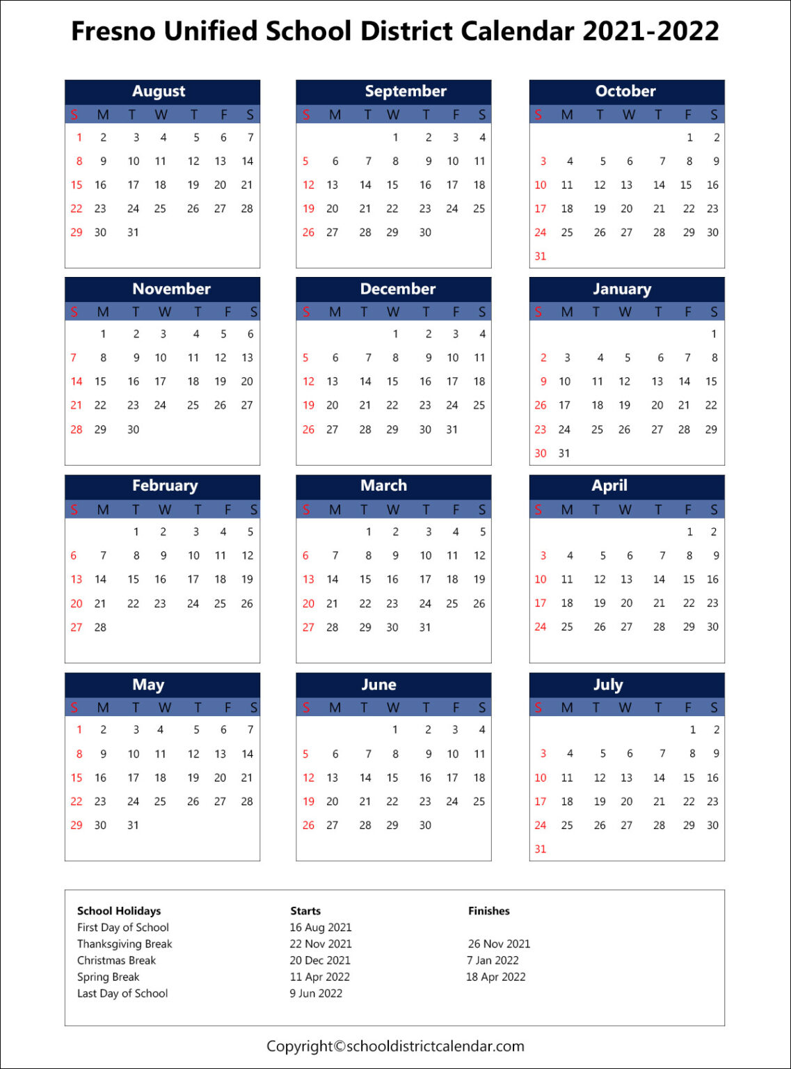Fresno Unified School District Calendar Holidays 2021-2022
