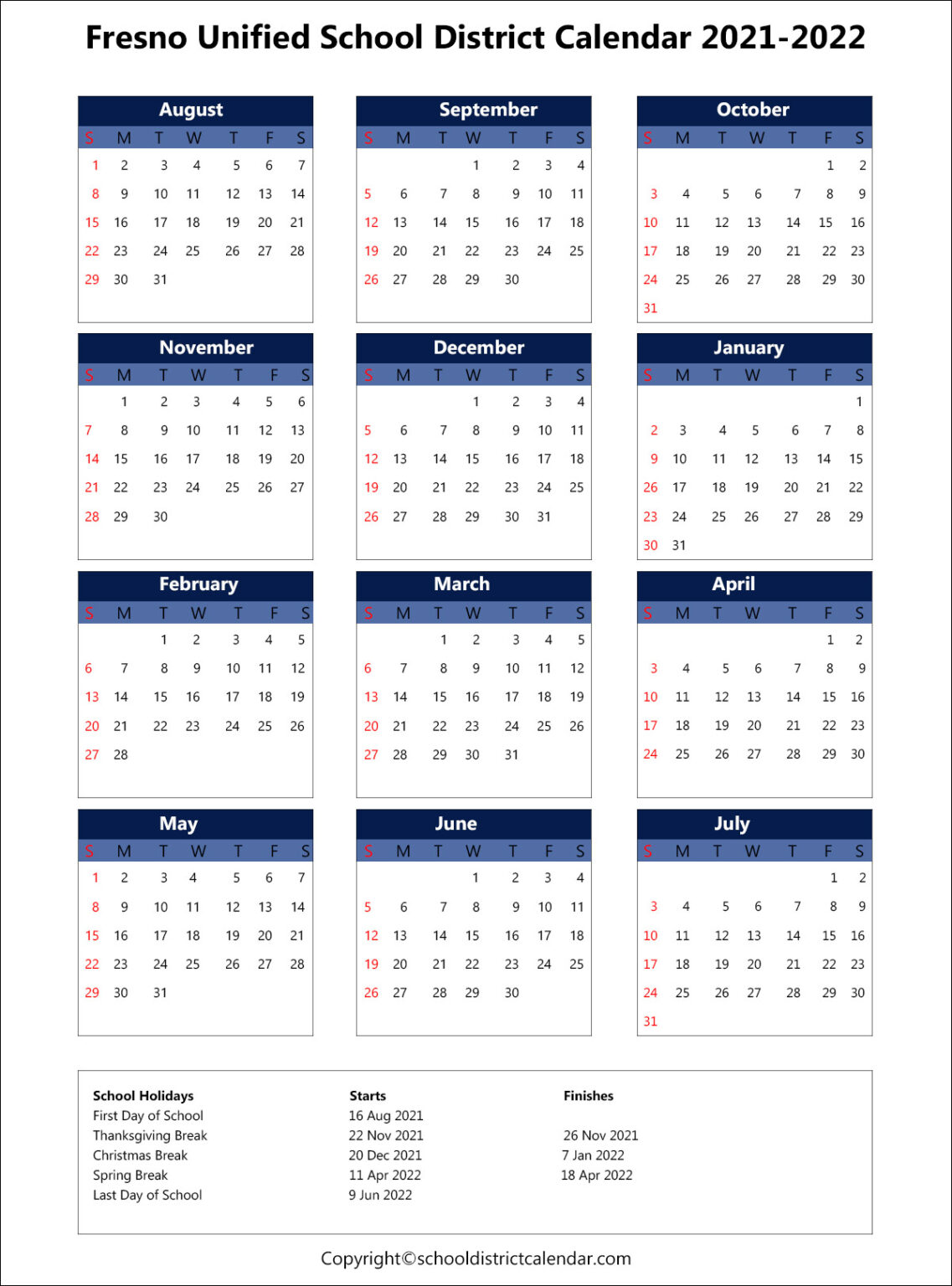 Fresno Unified School District Calendar Holidays 2021 2022