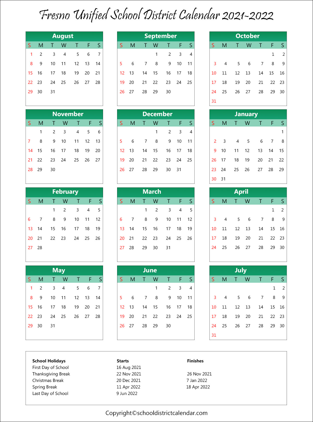 Fresno Unified School District, California Calendar Holidays 2021