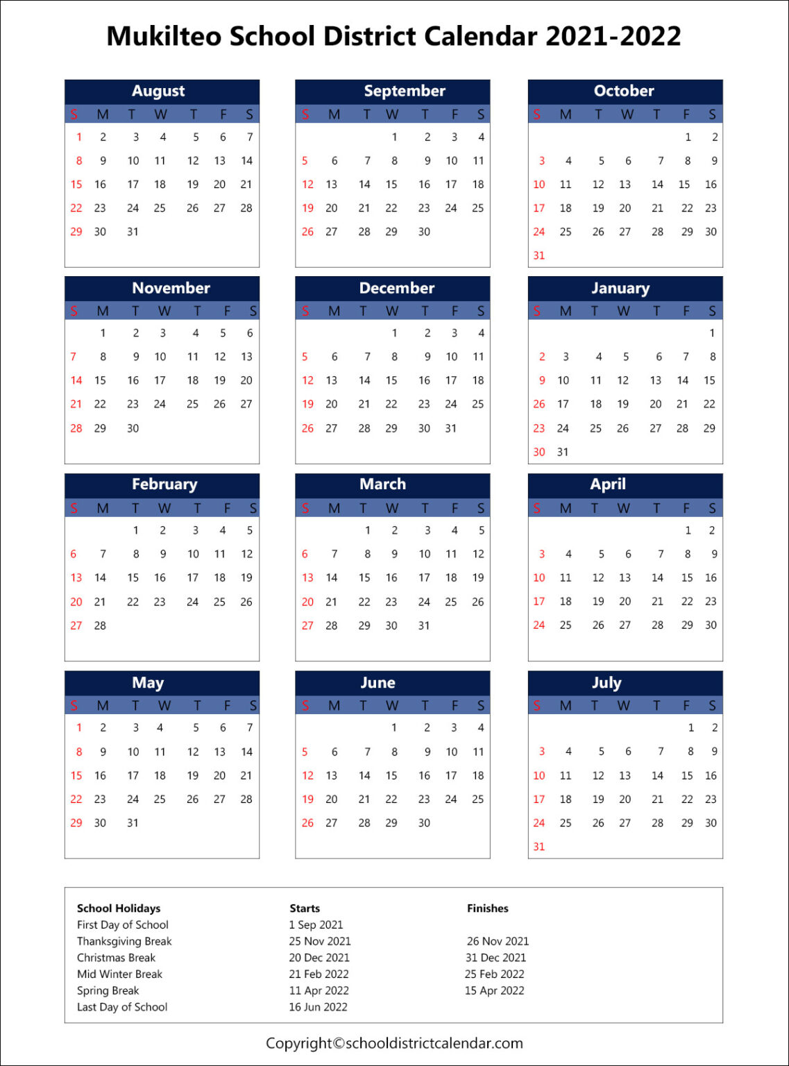Mukilteo School District Calendar Holidays 20212022