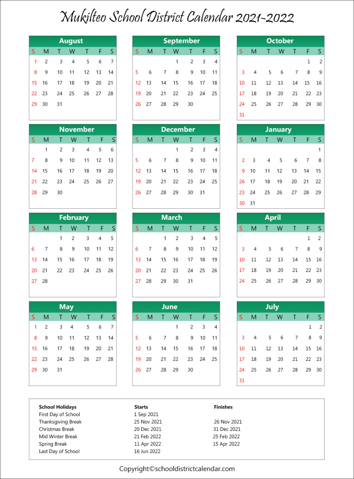 Mukilteo School District Calendar Holidays 20212022