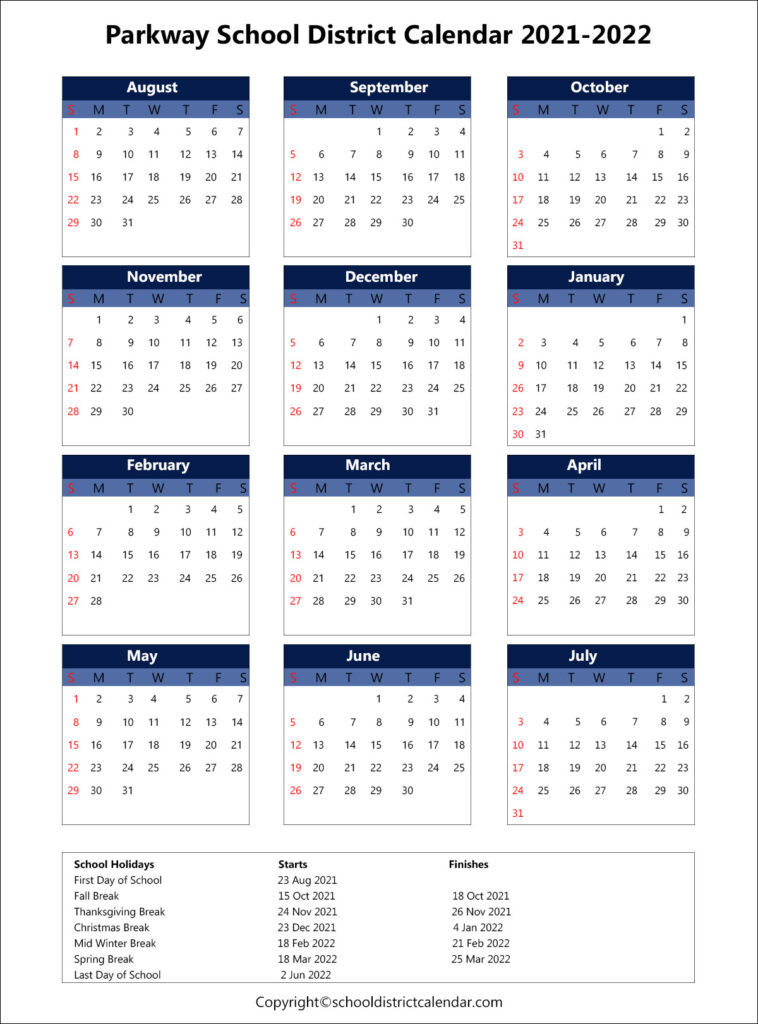 Parkway School District Calendar Holidays 2021-2022