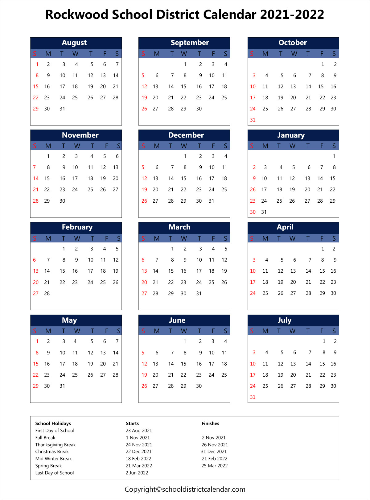 Rockwood School District Calendar 2021