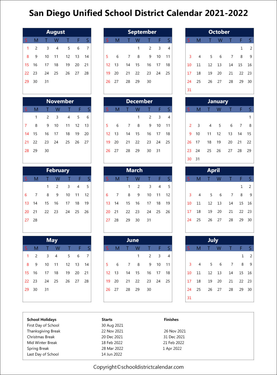 San Diego Unified School District Calendar Holidays 2021-2022