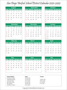 San Diego Unified School District Calendar Holidays 2021-2022