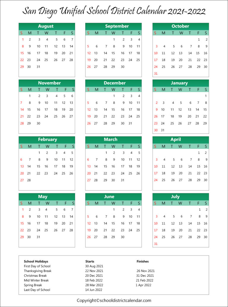 ️San Diego Unified School District Calendar Holidays 2021-2022