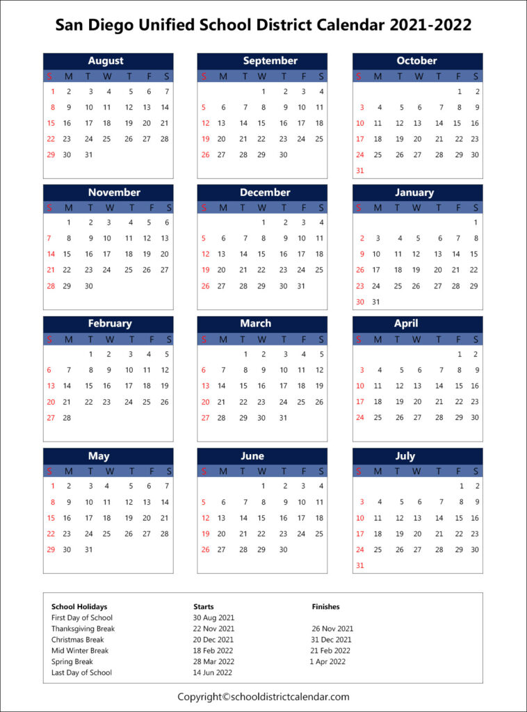 San Diego Unified School District Calendar Holidays 20212022