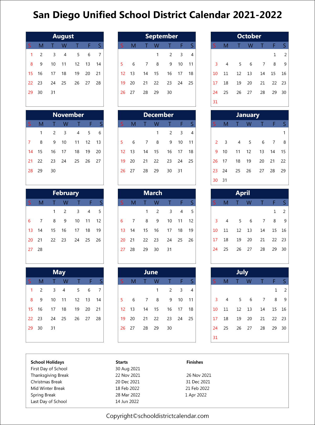 San Diego Unified Calendar 2022 2023 August Calendar 2022