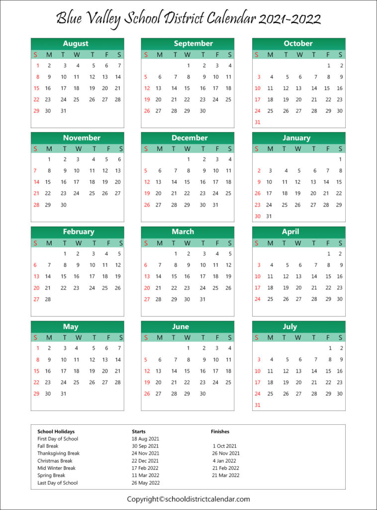 Blue Valley School District Calendar Holidays 20212022