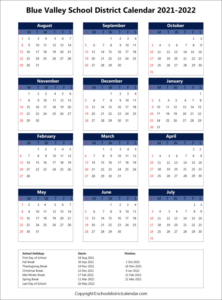 Blue Valley School District Calendar Holidays 2021-2022