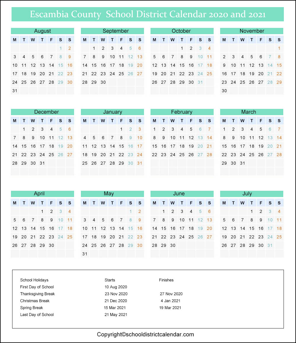 Escambia County School District Calendar Holidays 2020-2021