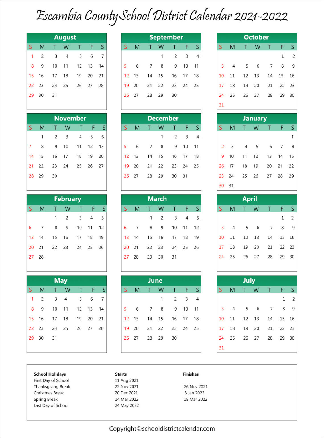 Escambia County School District Calendar Holidays 2021-2022