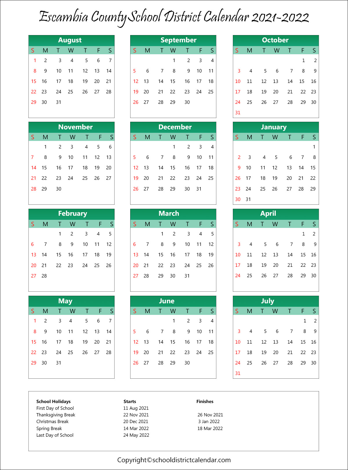 Escambia County School District Calendar Holidays 2021 2022