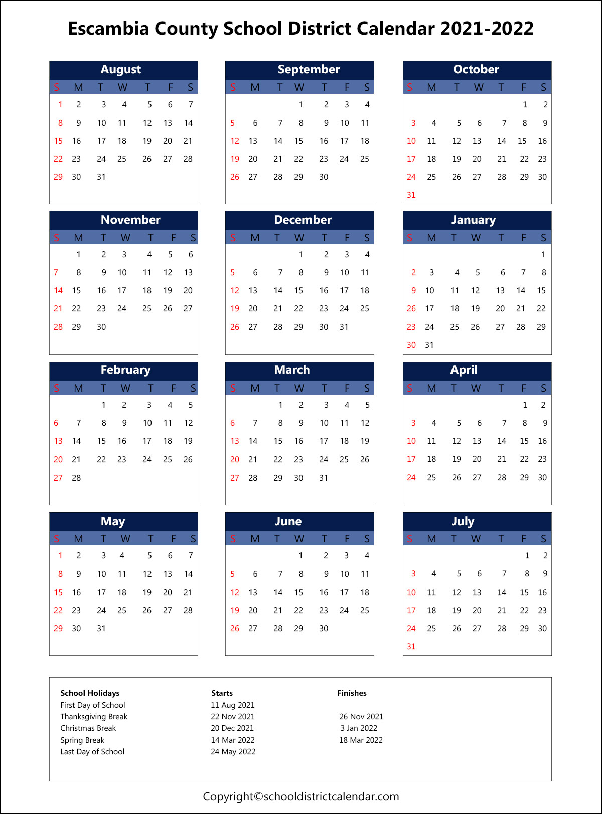 Escambia County School District Calendar 2021