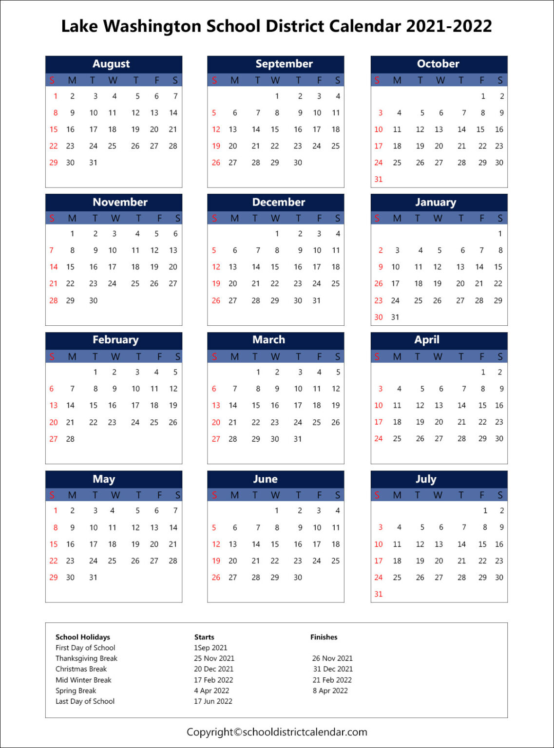 Lake Washington School District Calendar Holidays 20212022