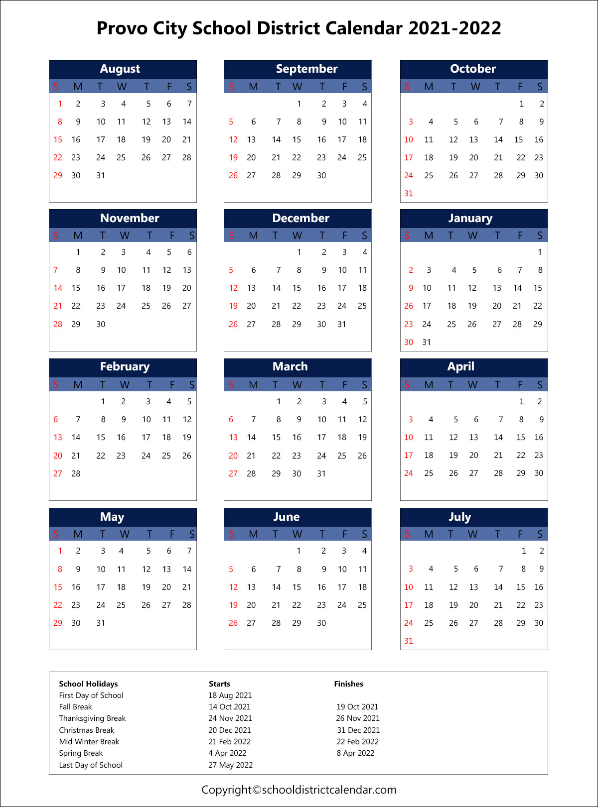 Provo City School District Calendar 2021-2022