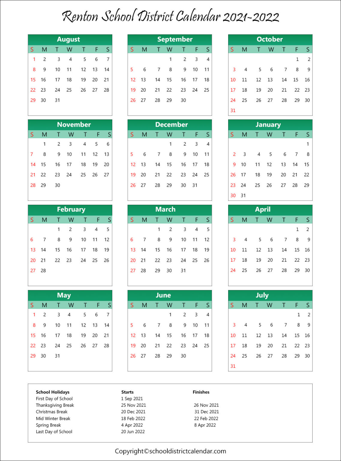 Renton School District Calendar Holidays 2021 2022