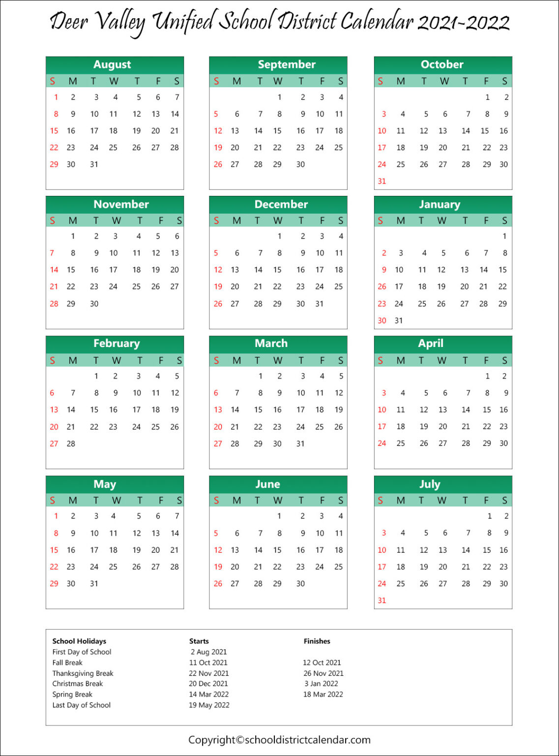 Deer Valley Unified School District Calendar Holidays 20212022