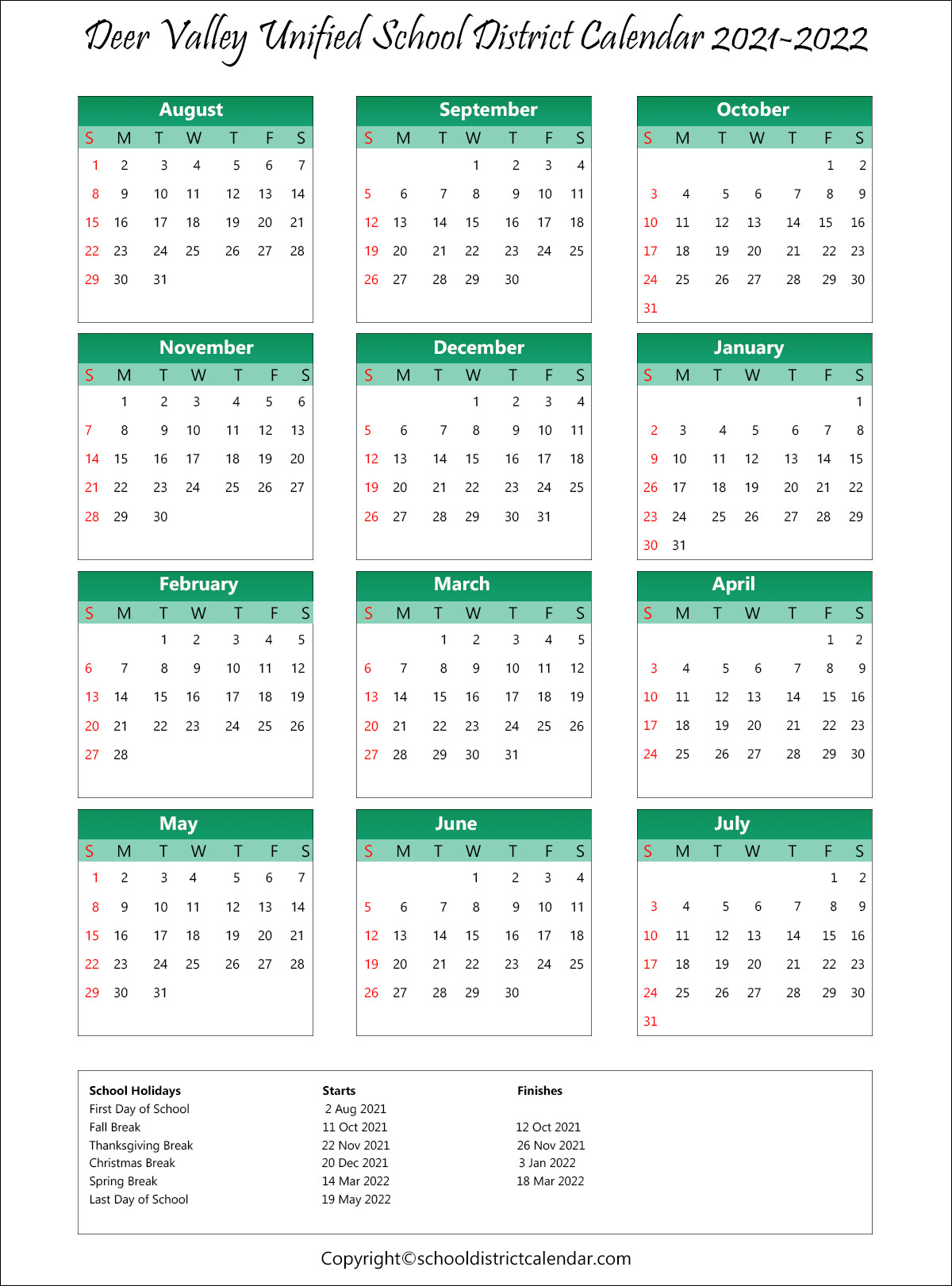 Deer Valley Unified School District Calendar 2021-22