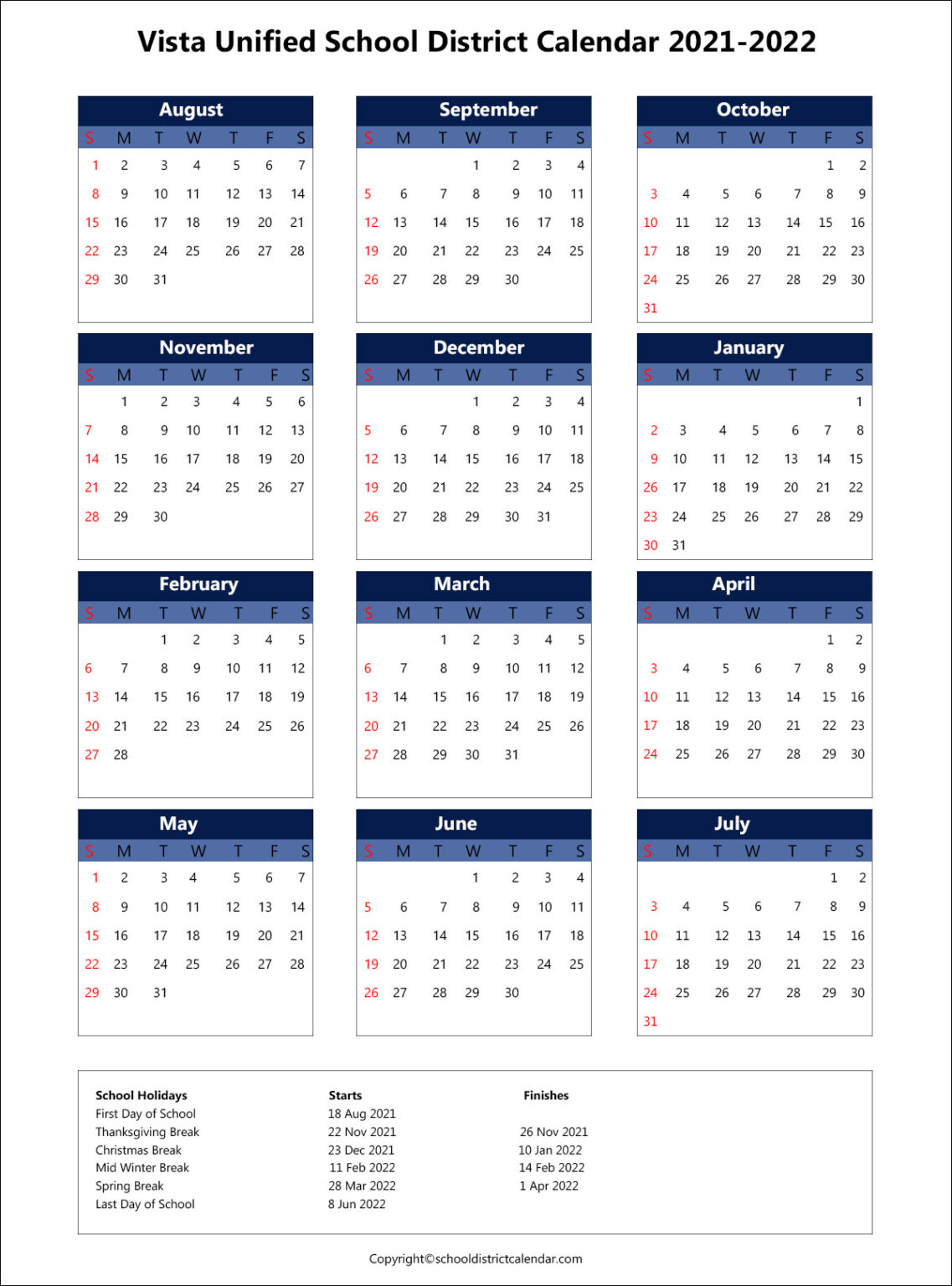 Vista Unified School District Calendar Holidays 20212022