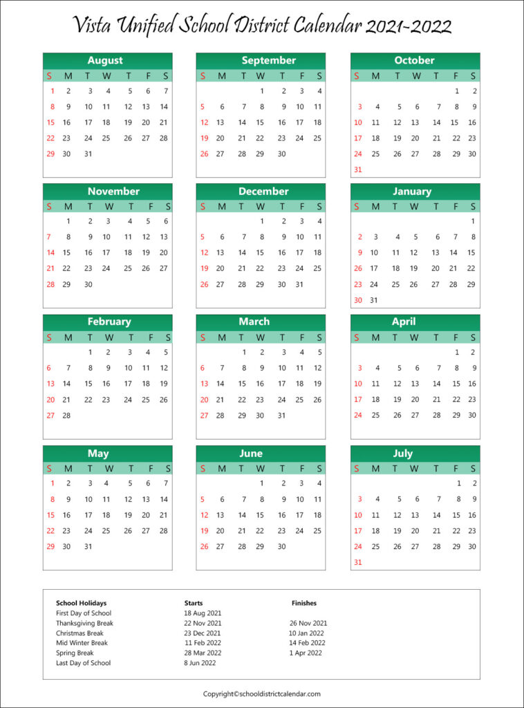 Vista Unified School District Calendar Holidays 2021-2022