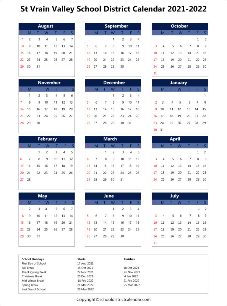 St Vrain Valley School District Calendar Holidays 2021 2022