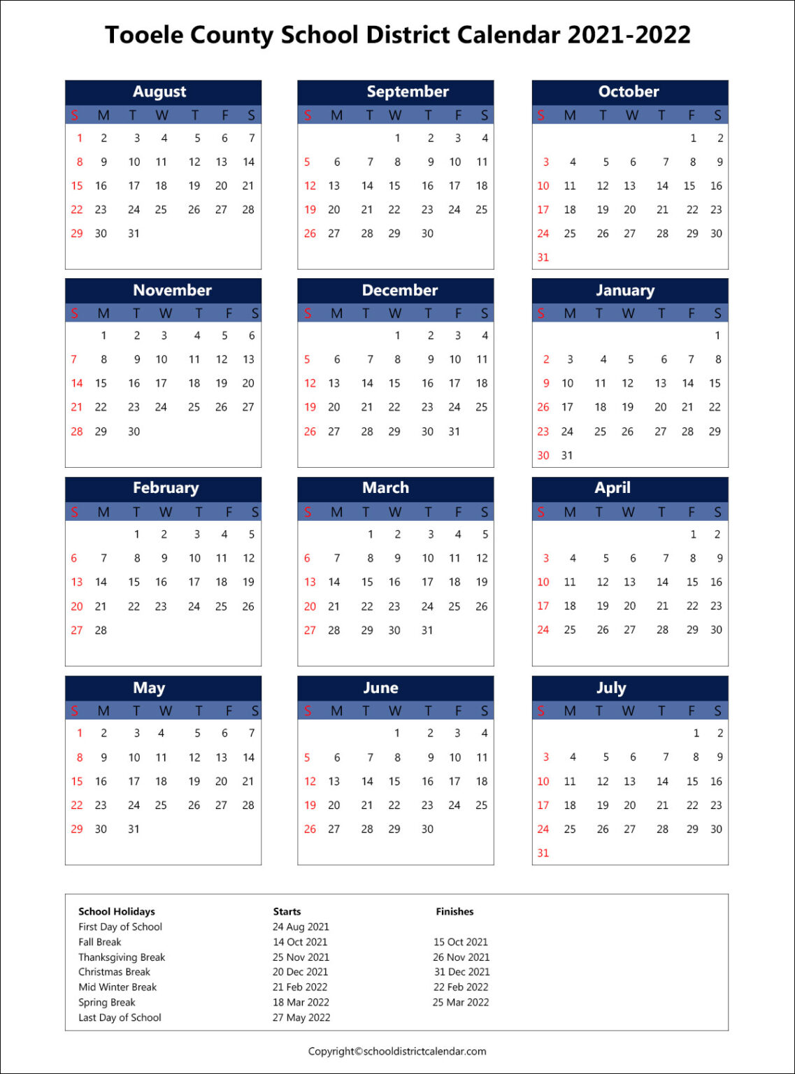 Tooele County School District Calendar Holidays 2021-2022