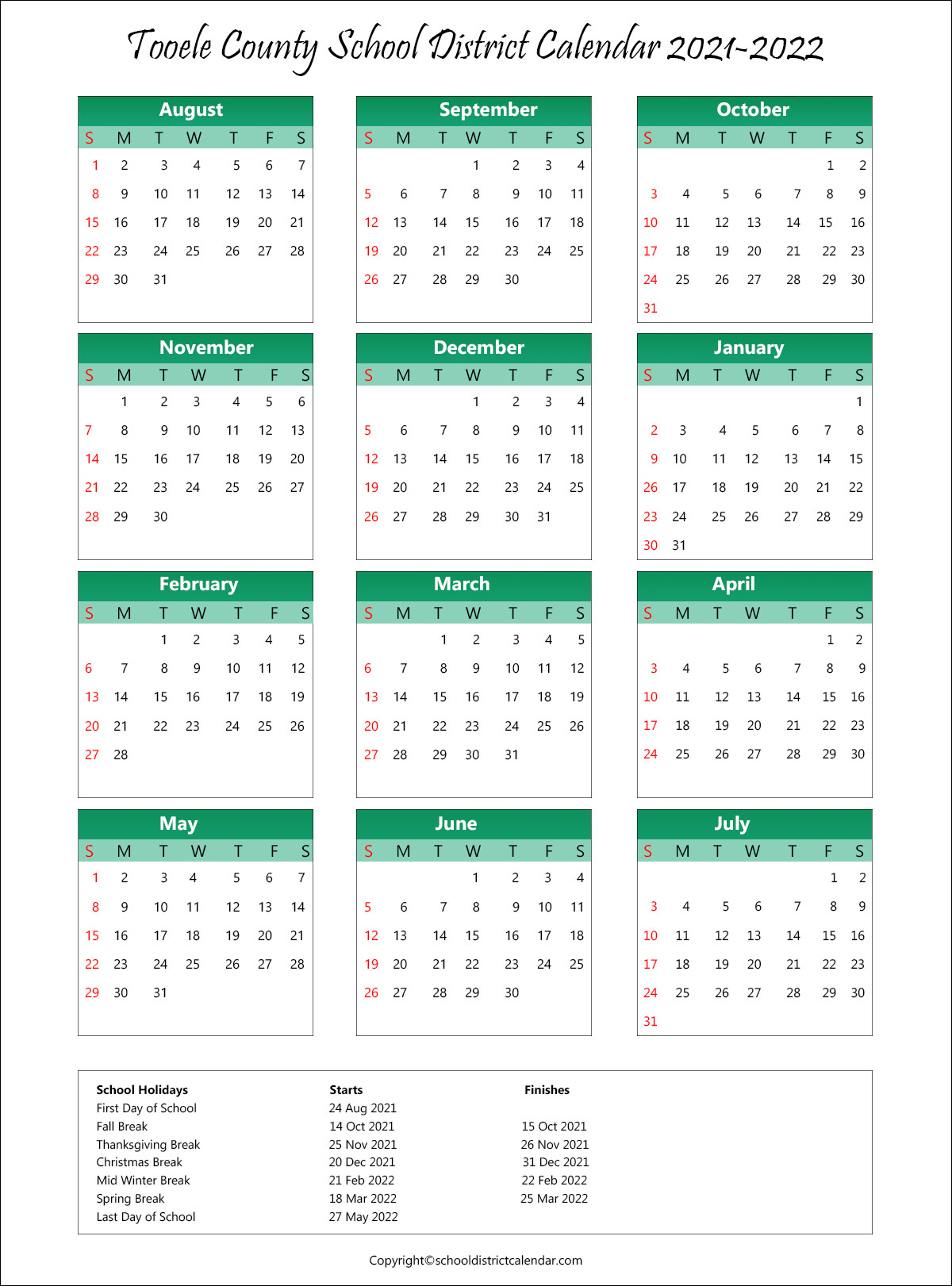 Tooele County School District, Utah Calendar Holidays 2021