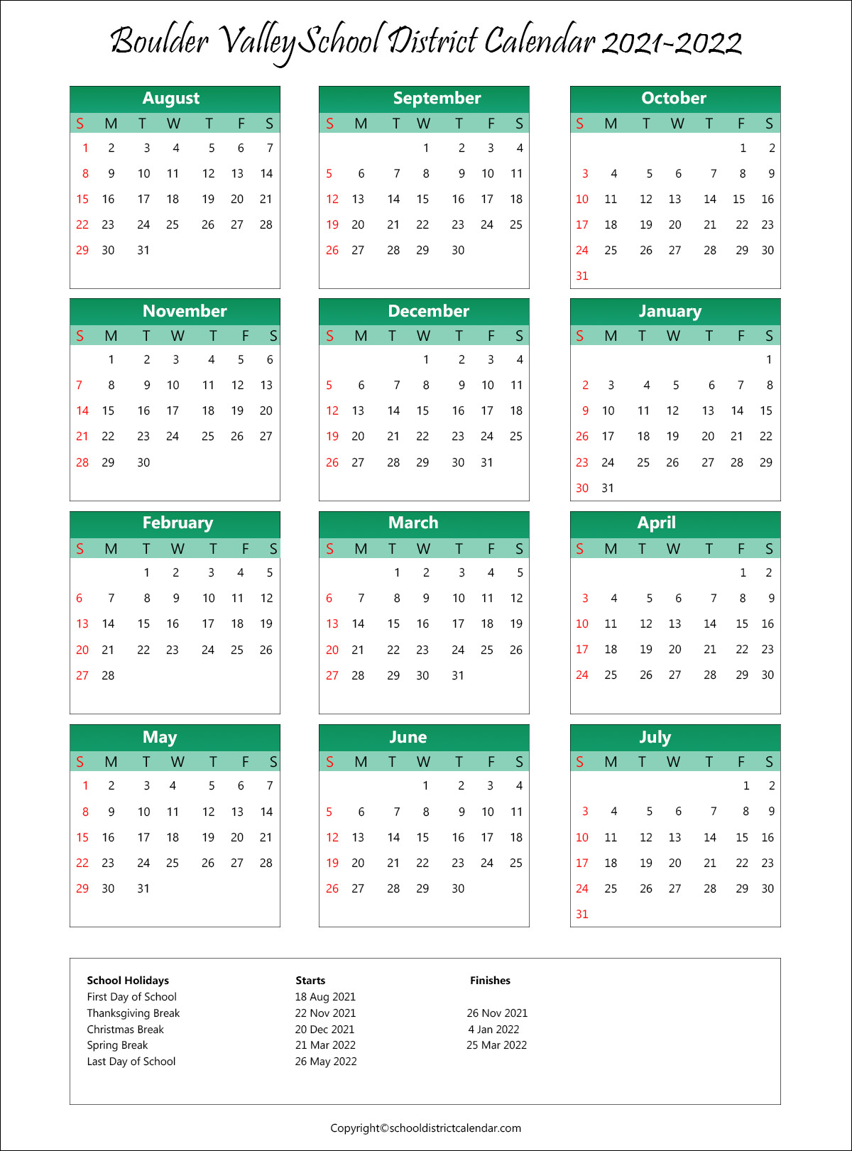 Boulder Valley School District, Colorado Calendar Holidays 2021