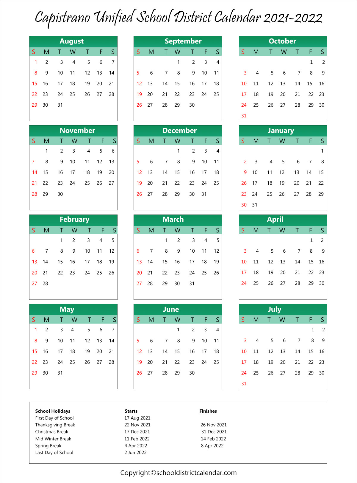 Capistrano Unified School District, California Calendar Holidays 2021