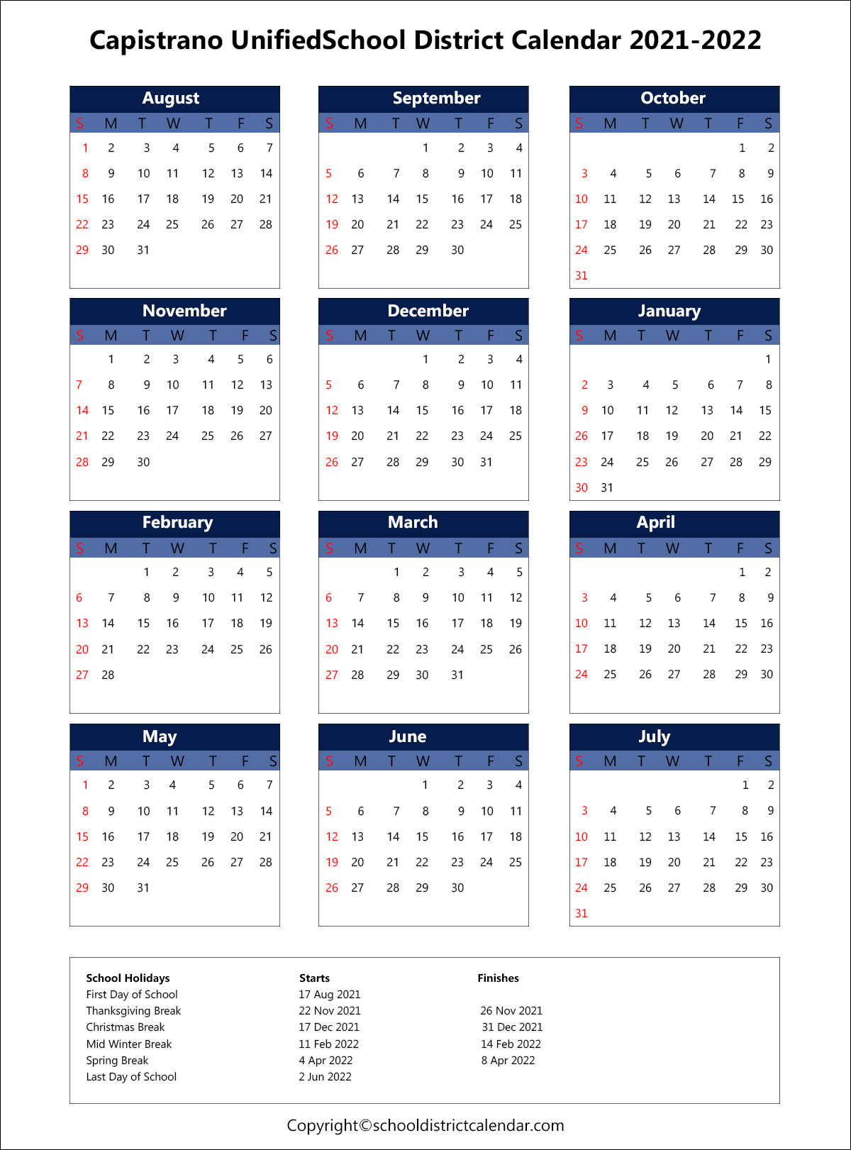 Capistrano Unified School District Calendar Holidays 2020 2021