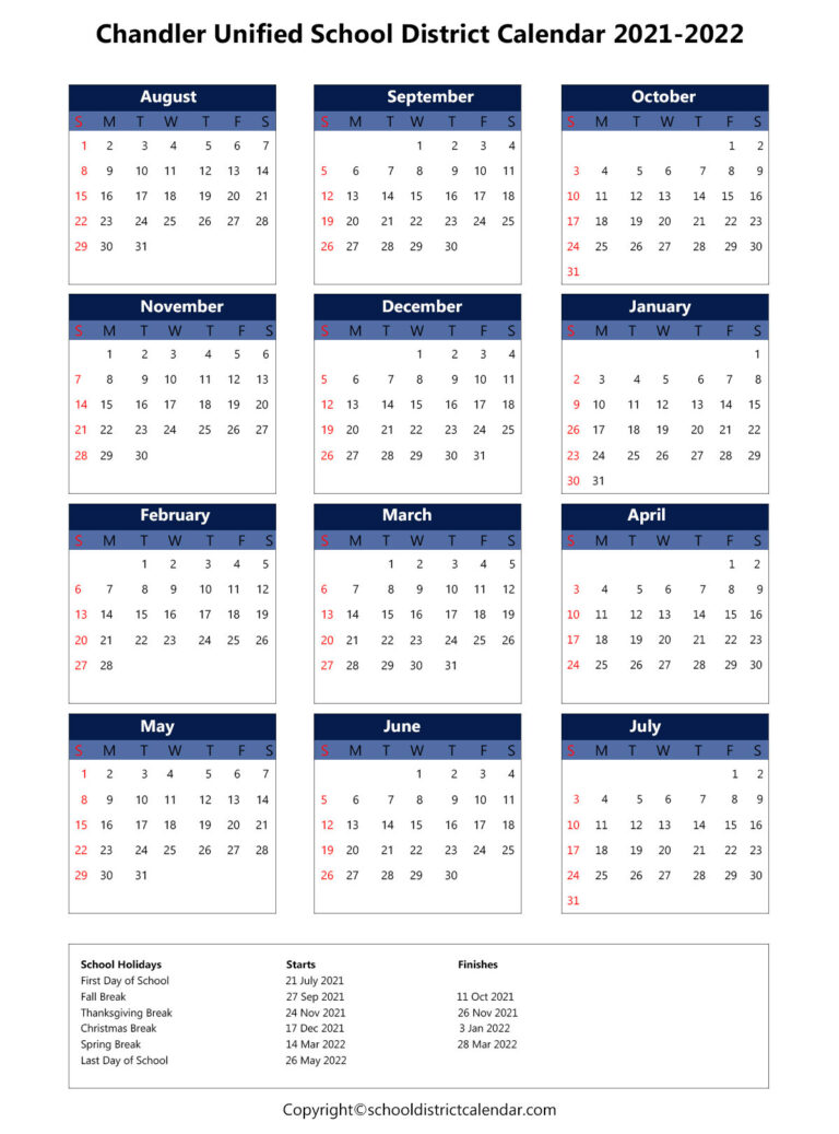 Chandler Unified School District Calendar Holidays 20212022