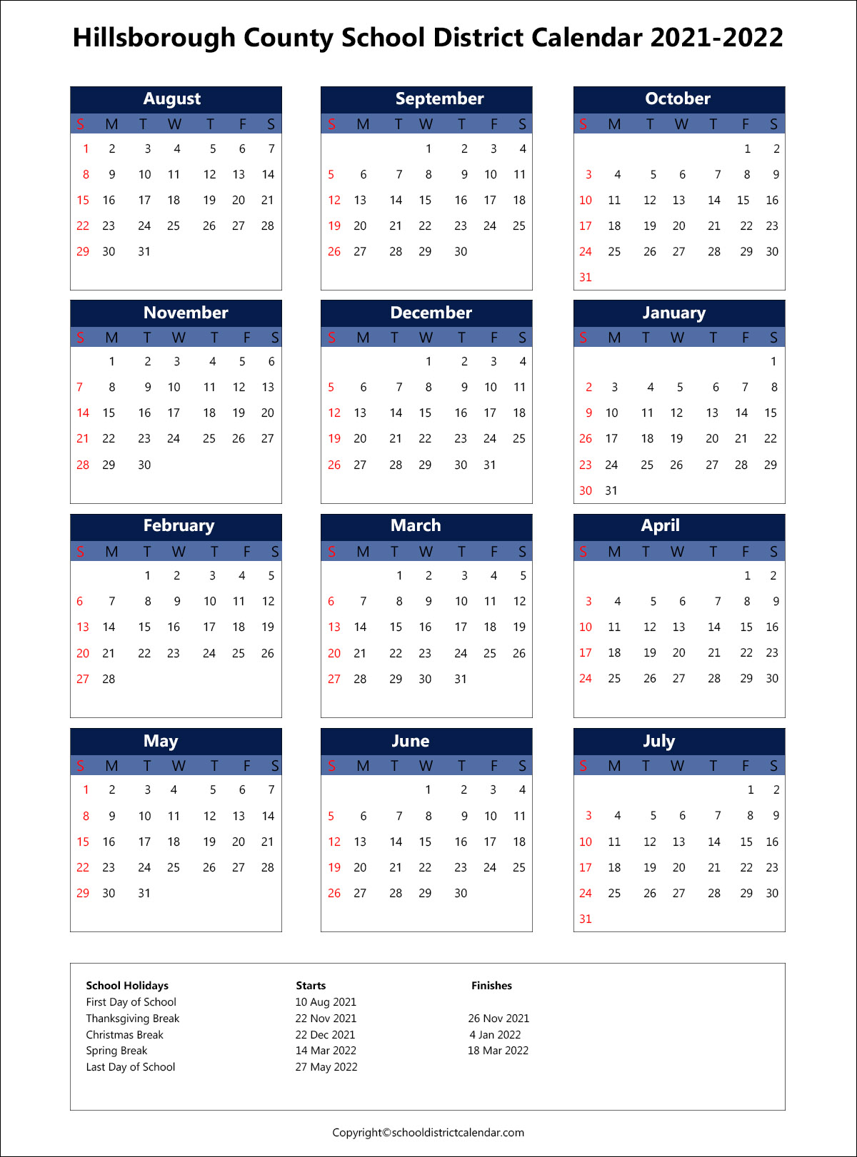 Hillsborough County School District Calendar 2021